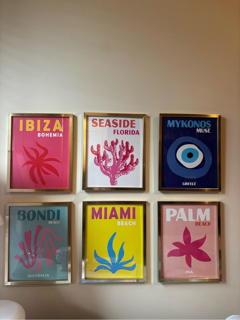 Bright and colorful, set of six prints in frames